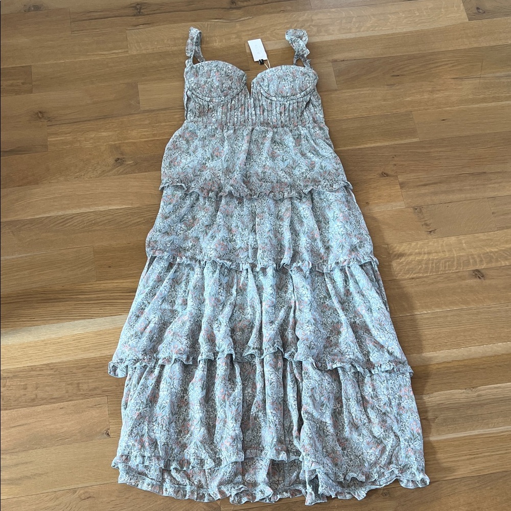 Astr The Label Midsummer Floral Tiered Ruffle Maxi Dress Light Blue M NWT